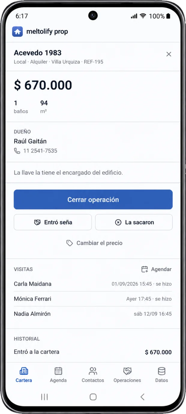La ficha de un local en un teléfono Android, con el precio, el dueño, las visitas y el botón para agendar otra visita