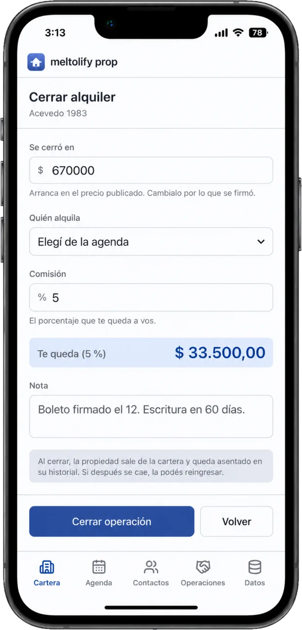 Formulario de cierre de una operación inmobiliaria en un iPhone, con el monto, la comisión y lo que queda calculado