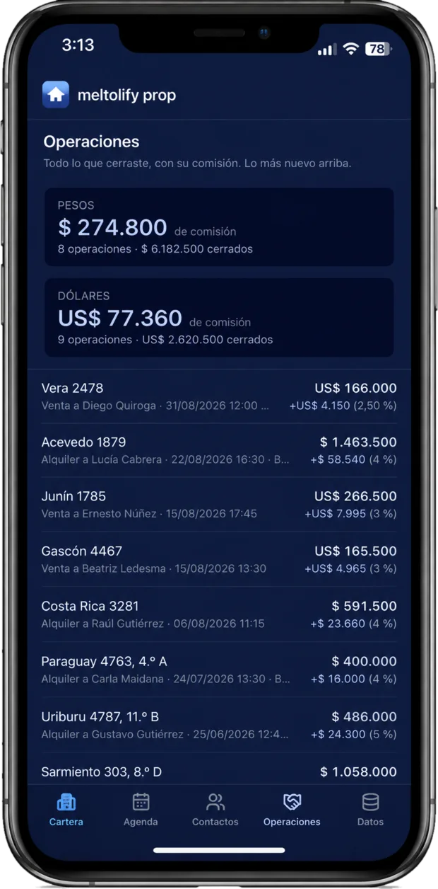 meltolify prop en un iPhone en modo oscuro, con las operaciones inmobiliarias cerradas y dos totales de comisión, uno en pesos y otro en dólares