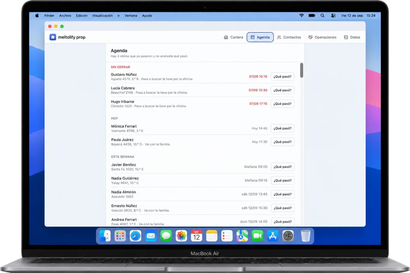 meltolify prop en una MacBook, con la agenda de visitas: las que quedaron sin cerrar en rojo, después las de hoy y las de esta semana
