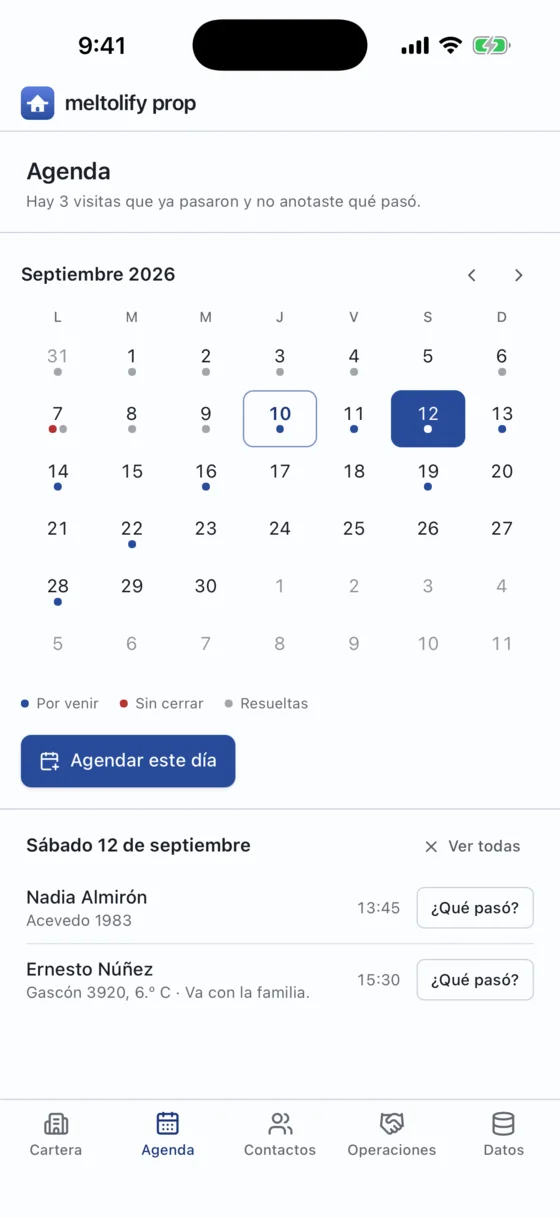 La agenda de visitas con el calendario del mes y las visitas del sábado 12 de septiembre
