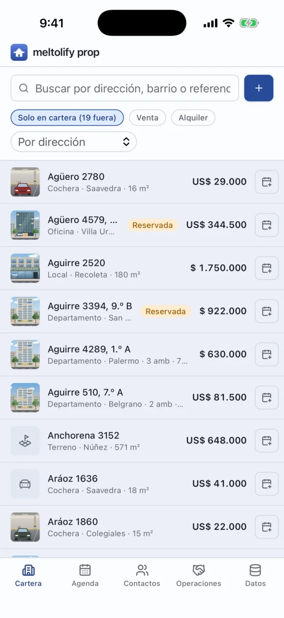 La cartera de propiedades: cada una con la foto de portada, su precio y las reservadas en ámbar