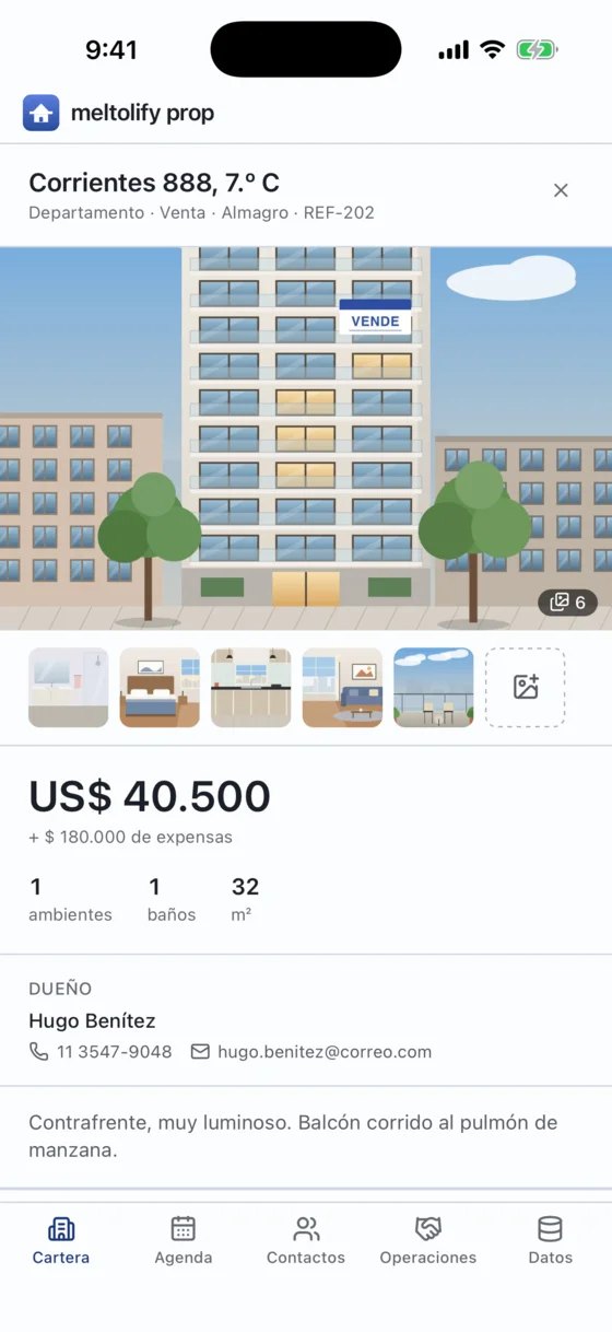 La ficha de un departamento en Almagro, con la foto del frente y la tira de fotos de los ambientes